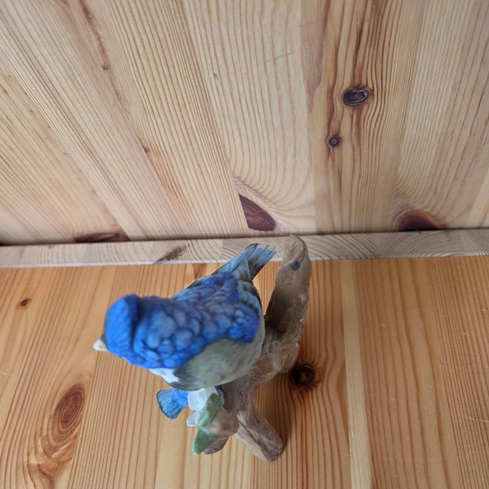 Vintage Porcelain Blue Jay and Fledgling Bird Figurine on Branch with Flower